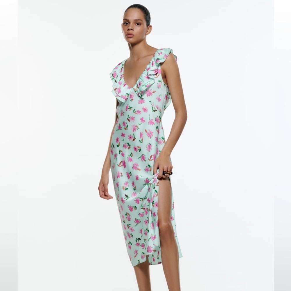 Zara Mint Green Floral Ruffle Midi Dress